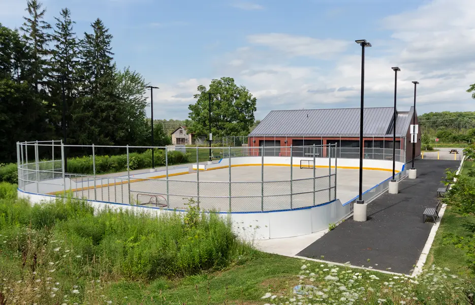 A hockey rink with trees and grass in the background.