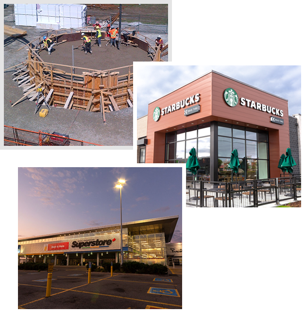 A collage of photos with starbucks, a store and a parking lot.